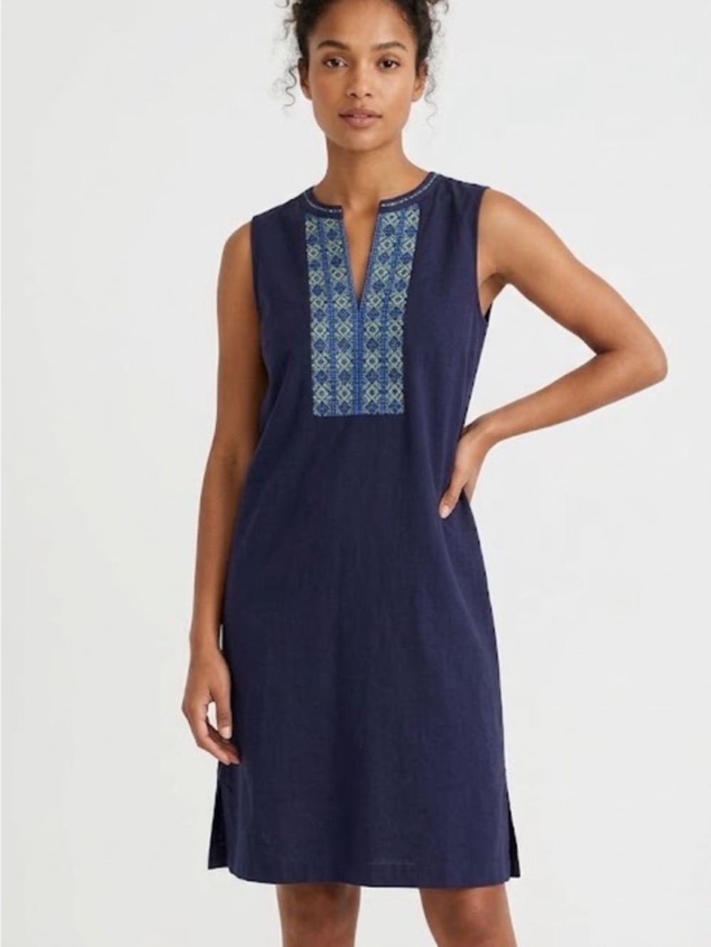 🇪🇸🐠J. Crew Embroidered split neck Cotton Shift Tank Dress | Navy Green XXS
